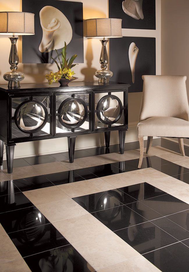 Travertine tile keeps it all black and white