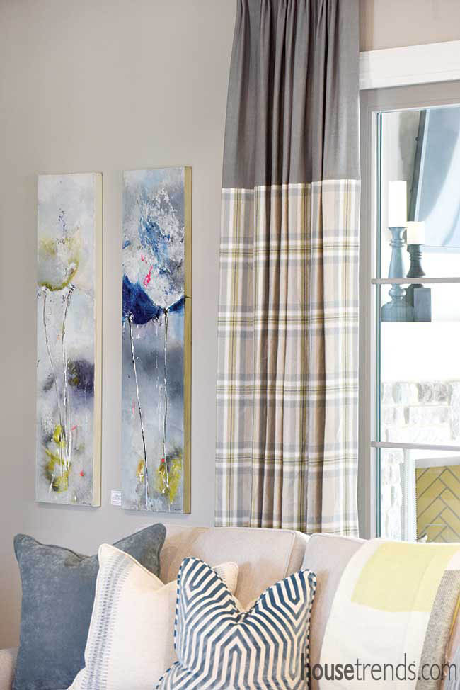 Plaid drapes in a living room