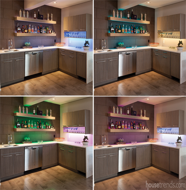 Colorful LED lighting brightens up a basement bar