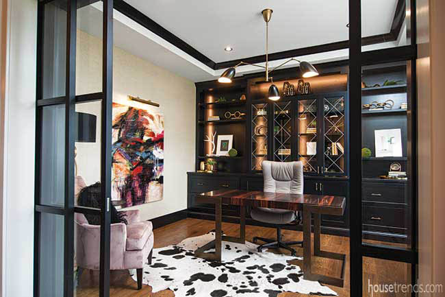 Cow print rug in a home office