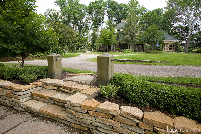 Obelisks mark the entry to a garden