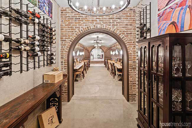 Exposed brick wall in a wine cellar