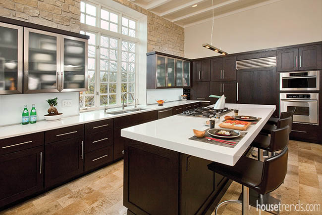 Dark cabinets lend a dramatic flair