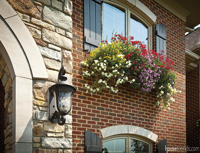 Colorful flowers trail from a window box