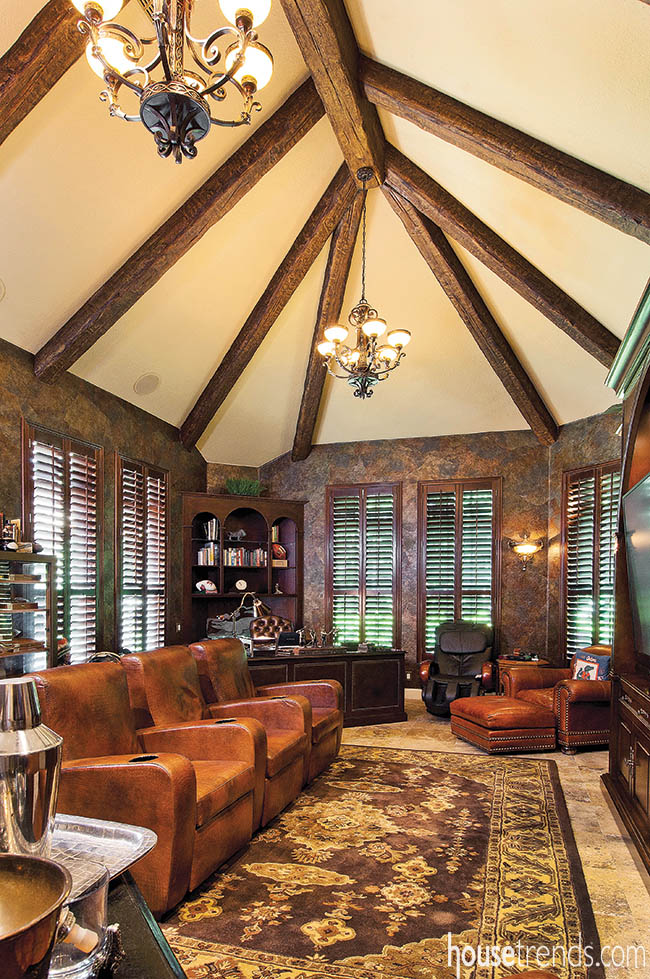 Sophisticated man cave design with gorgeous wood beam ceiling