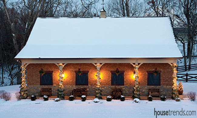 Christmas lights add holiday cheer to a barn
