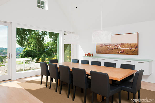 Dining room features paper lanterns and recycled materials