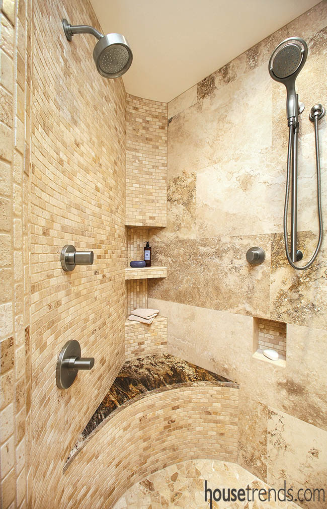 Curved wall offers privacy in a bathroom design