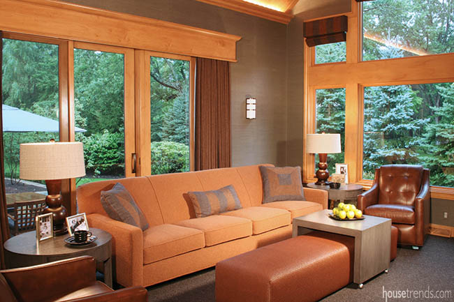 Natural tones soften a sophisticated living room