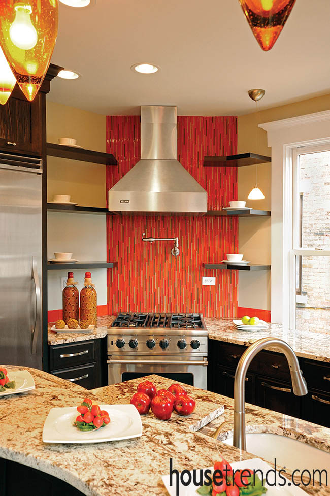 Daring backsplash complements a colorful kitchen design