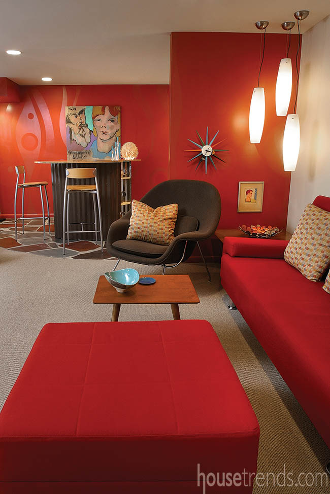 Custom lower level bar with mid-century modern design