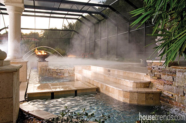 Bridge connects a swimming pool and spa