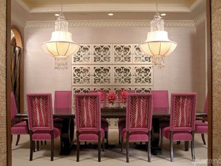Dining room design ideas include fuchsia chairs