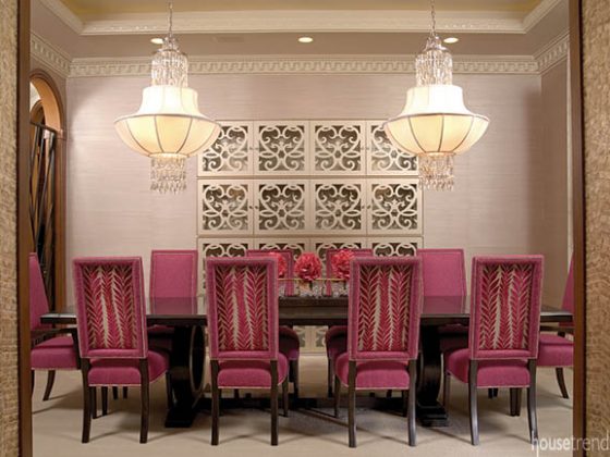 Dining room design ideas include fuchsia chairs