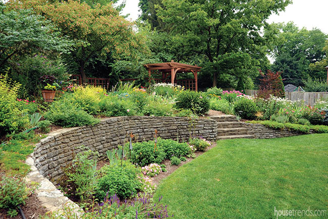 Retaining wall divides a garden