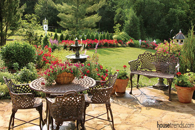 Patio is surrounded by a series of gardens