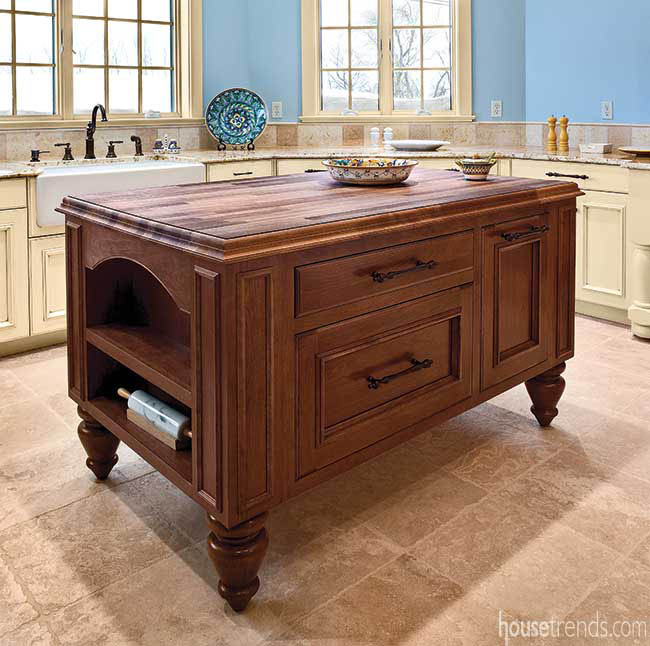 Prep island with a cherry cabinet base