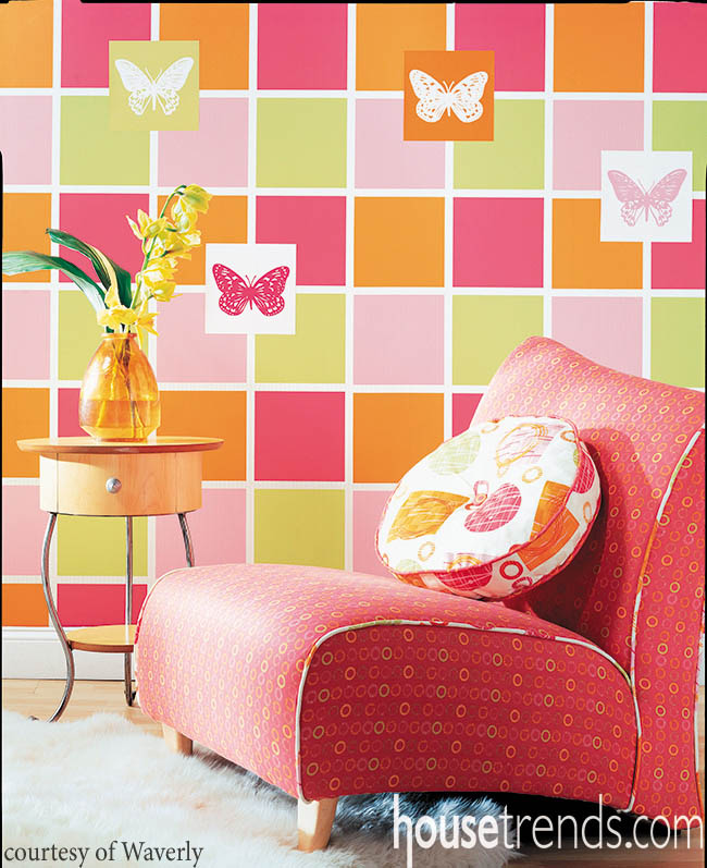 Sitting area makes good use of wallpaper