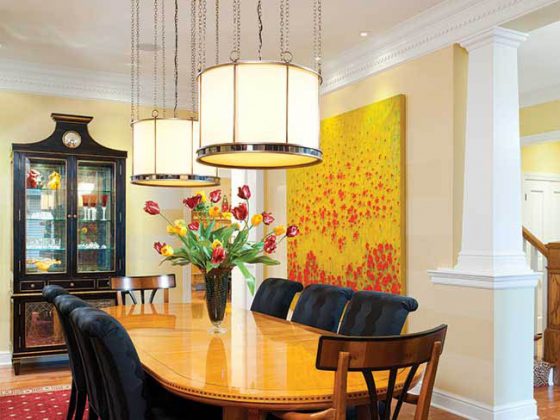 Chandeliers steal the spotlight in a dining room