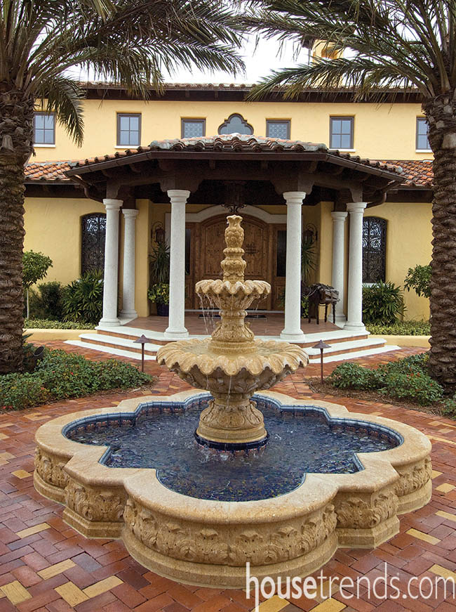 Outdoor water fountain defines a courtyard
