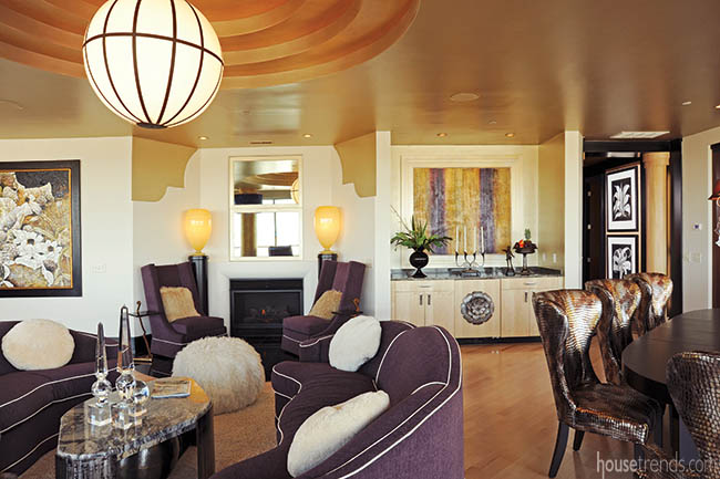 Purple couches add spunk to a living room