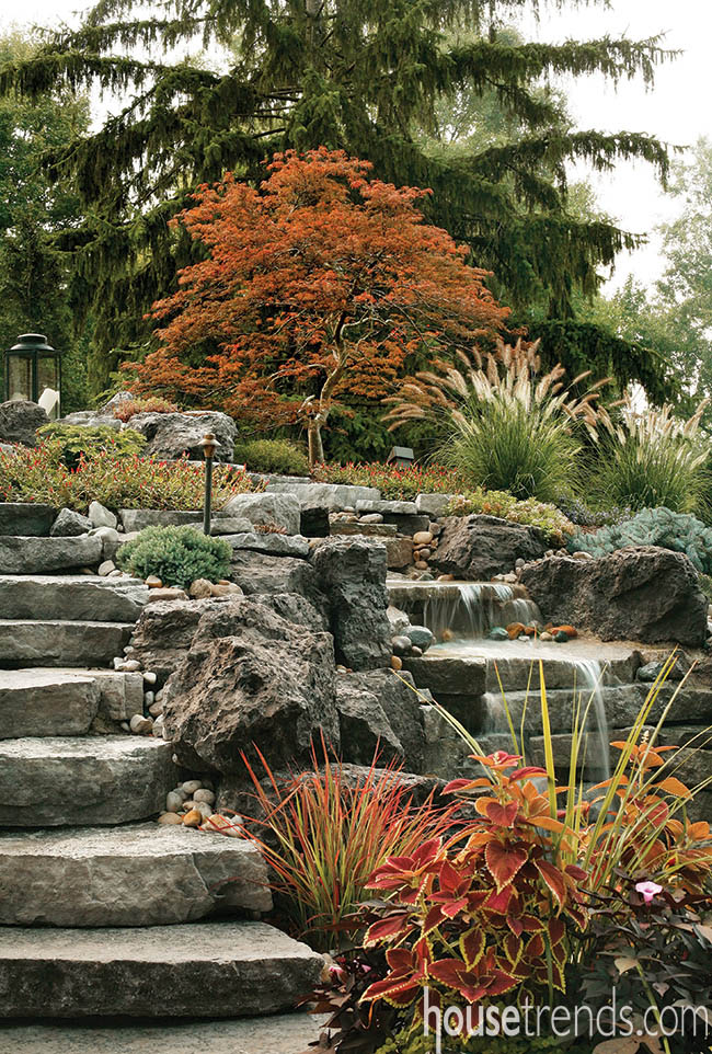 Lndscaping rocks surround a waterfall