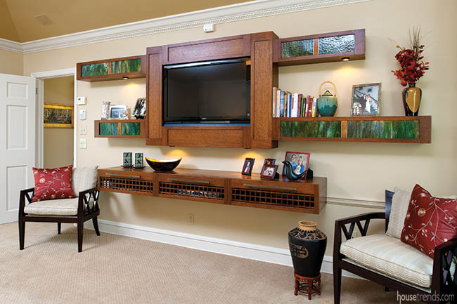 Stained glass panels add color to floating shelves
