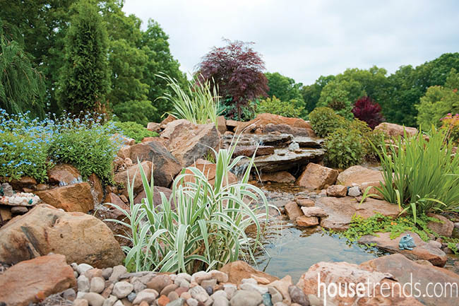 Waterfall creates a serene landscape design