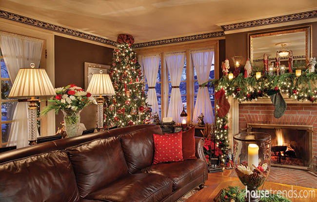 Fireplace mantel boasts holiday decor