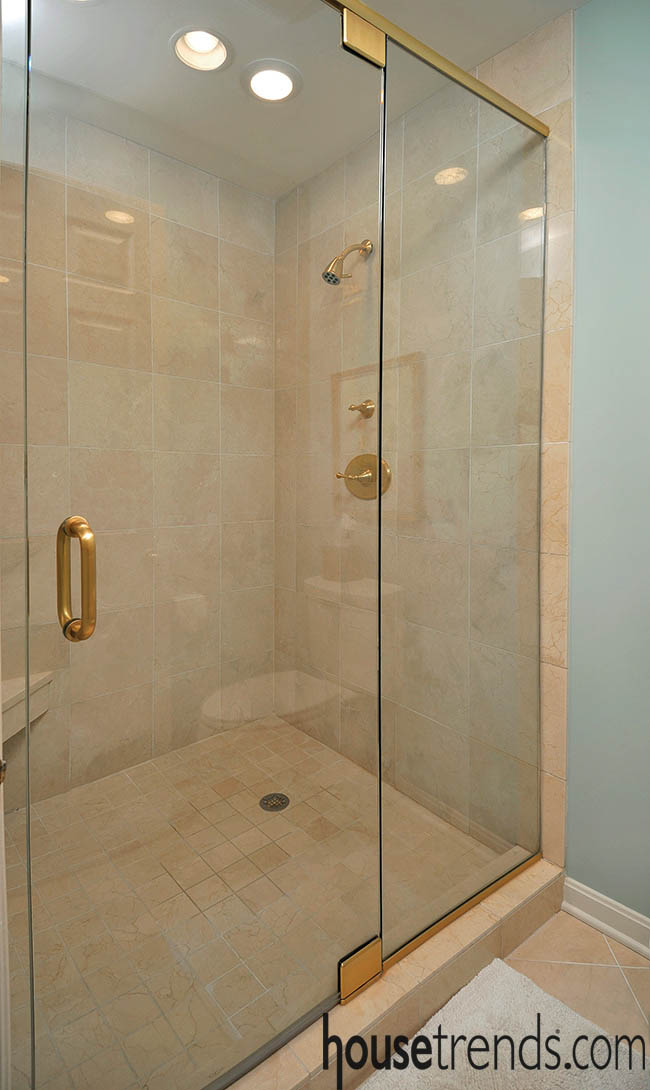 Glass shower doors hide a luxurious retreat