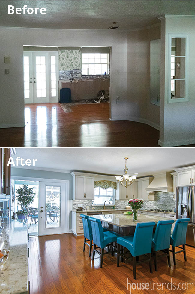 Oversized island doubles as food prep and eating space