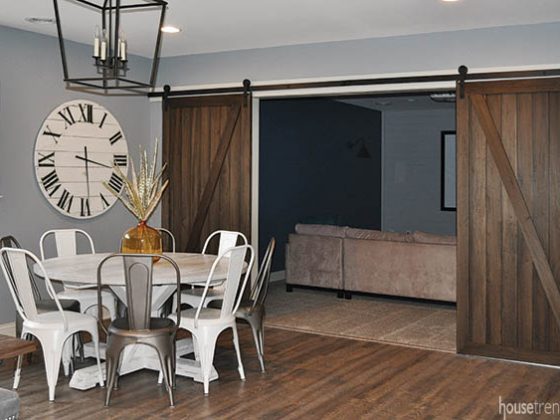 Sliding barn doors add privacy to a home theater