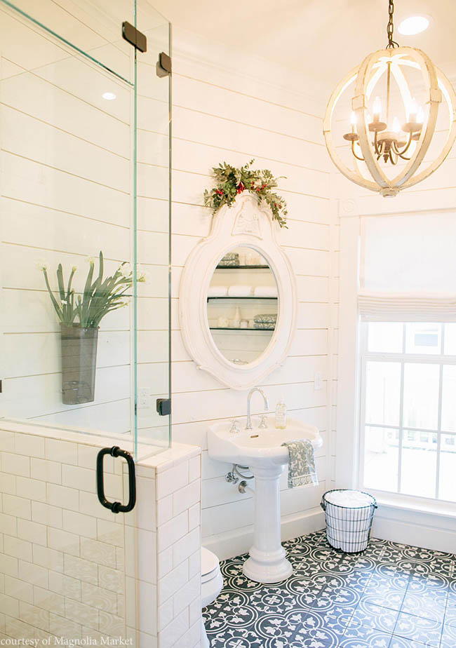 White shiplap complements an antique bathroom design