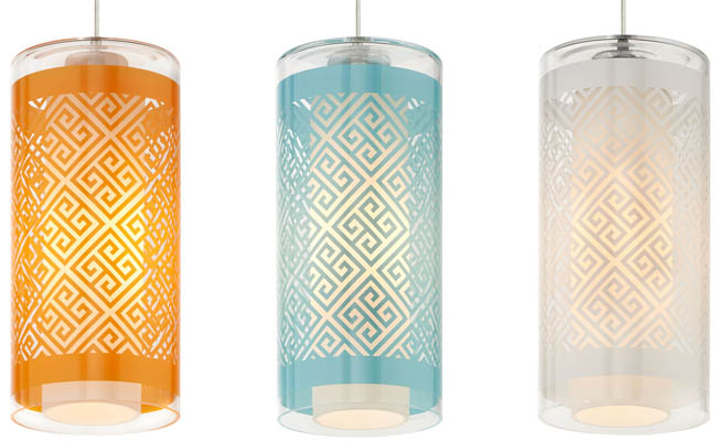 Colorful pendant light with a Greek key print