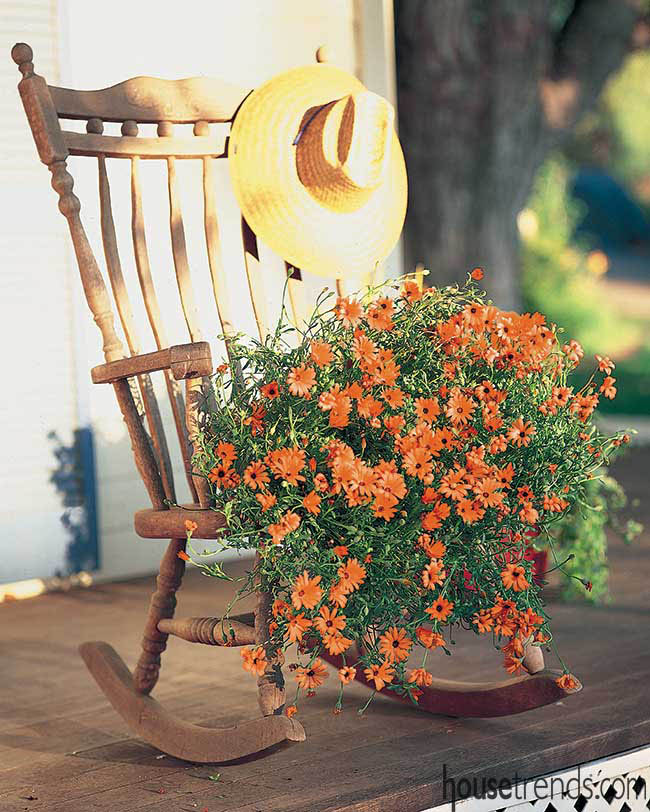 Colorful flowers perk up an outdoor living space