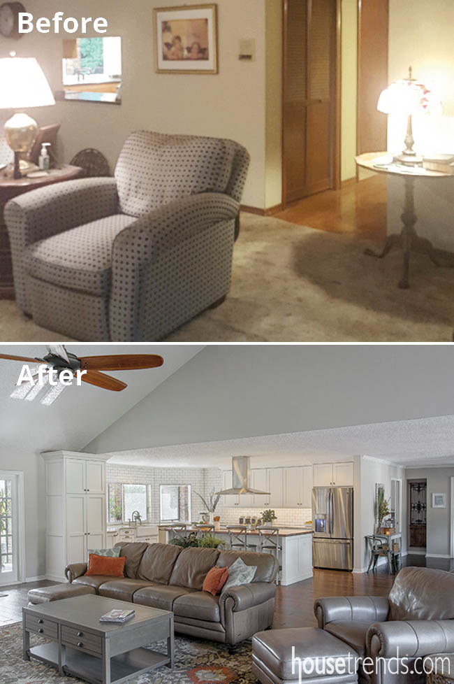 Remodeled kitchen opens up to a living area