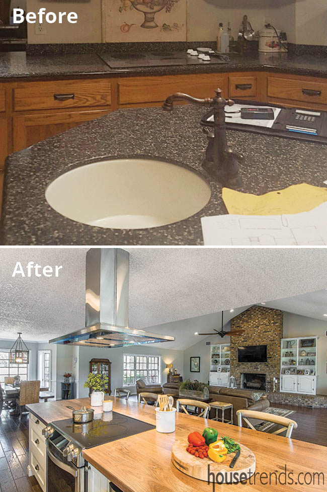 Kitchen island with a view of nearby great room