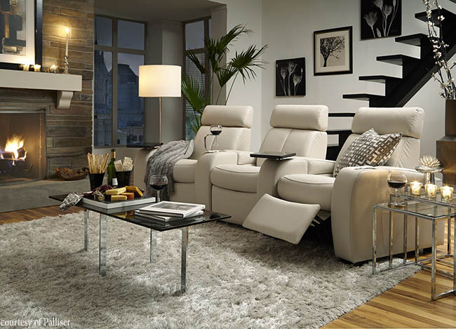 Cushy theater seats create a movie theater experience