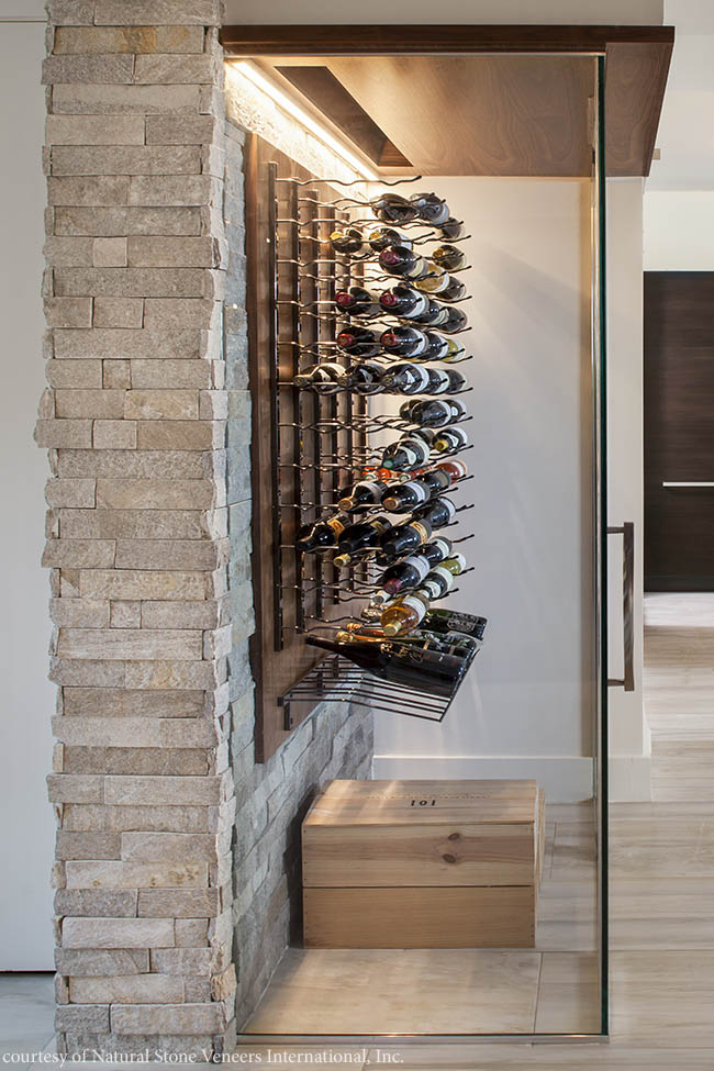 Stone dresses up a wine storage area
