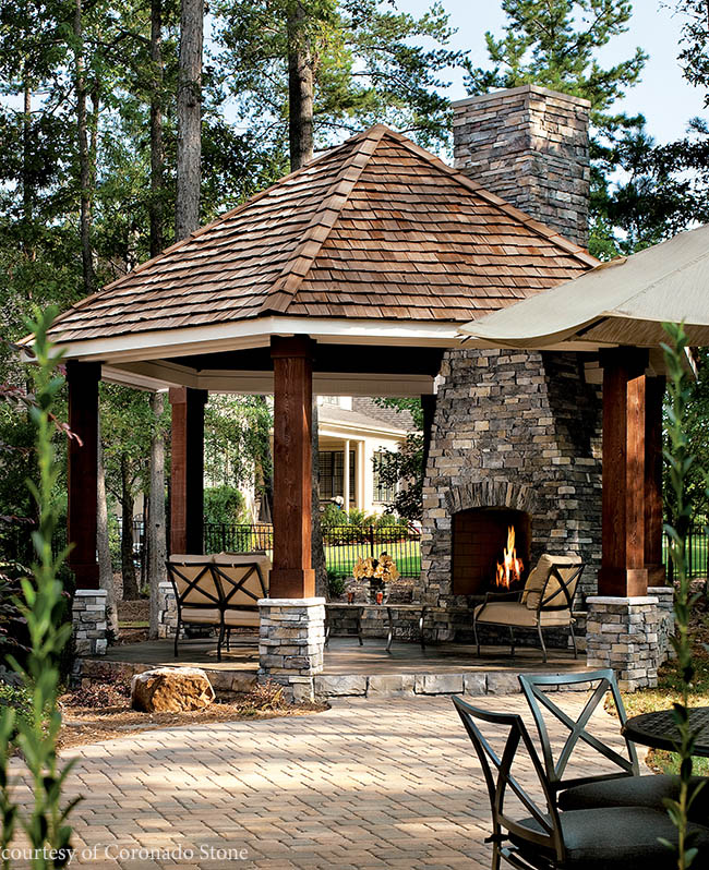 Stone adds interest to a covered outdoor area
