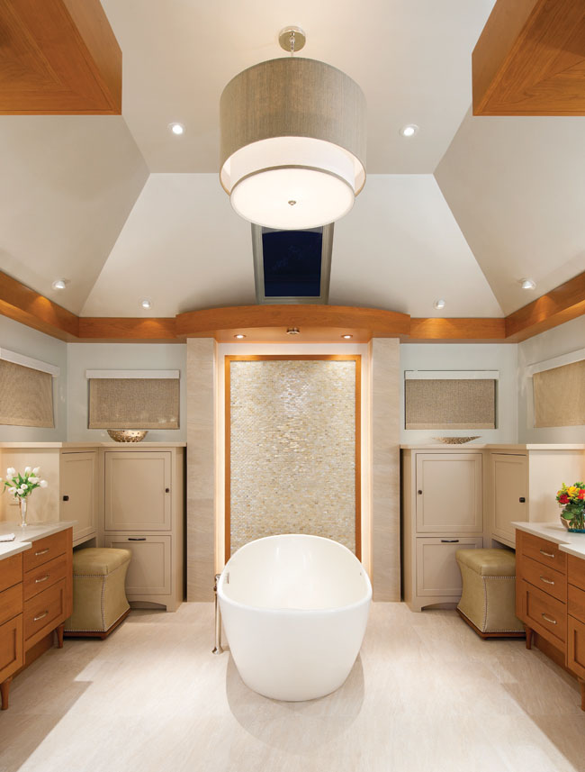 Glass mosaic tile is the first thing to greet guests