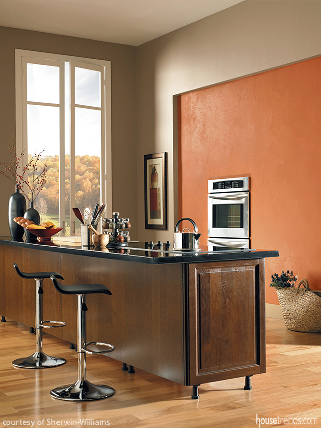 Kitchen design showcases an accent wall