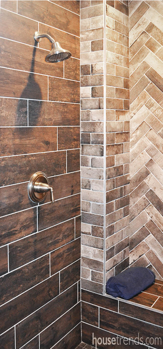 Brick and hardwood tile in a shower