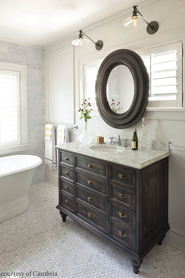 Quartz countertop flatters a classic bathroom design