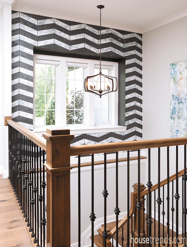 Chevron pattern dresses up a stairwell
