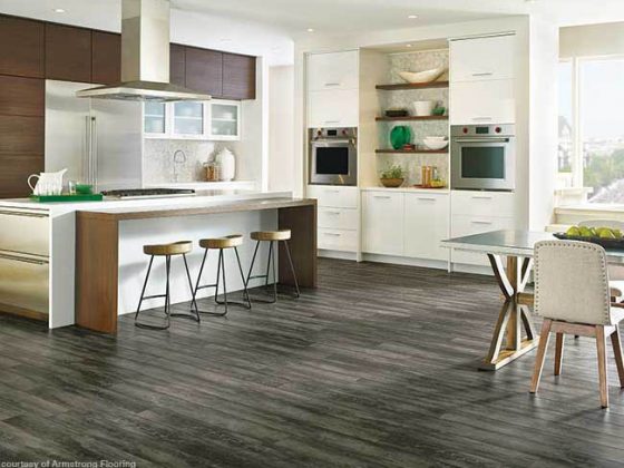 Dark flooring complements a contemporary design