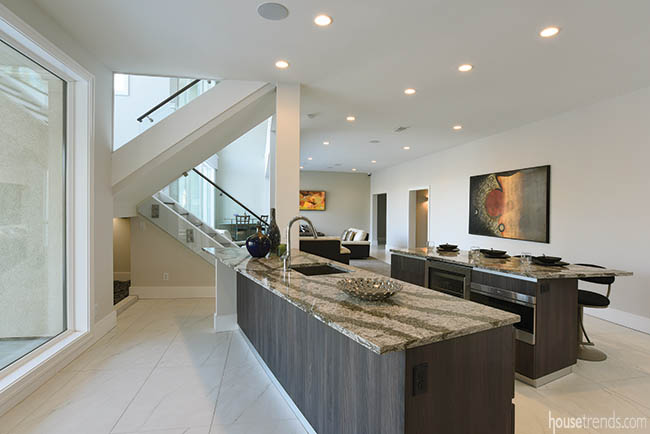 Porcelain tiles create a clean look