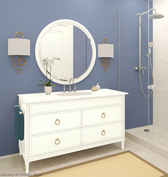 Paint color adds interest to a crisp bathroom design