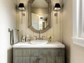 Half bath with a unique wall treatment