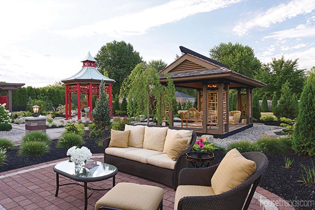 Outdoor furniture offers a cozy gathering space